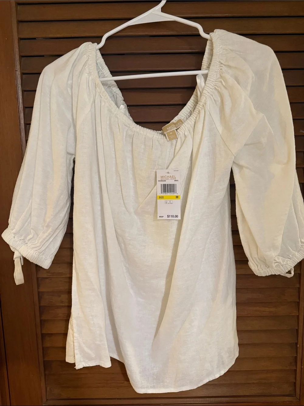 Michael Kors Linen Blend Off-Shoulder Peasant Tunic with Tie Sleeves